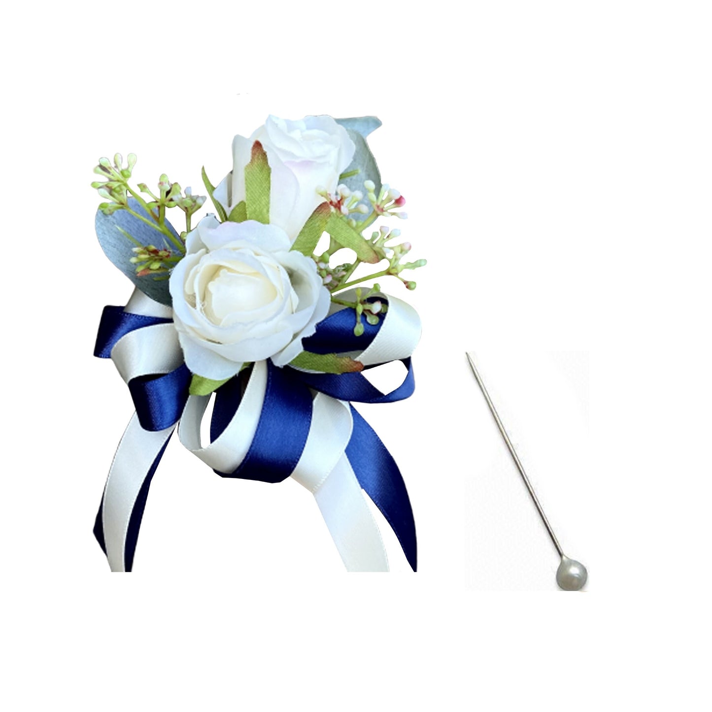 Elegant Silk Floral Set for Weddings - Champagne & Navy Corsage and Boutonniere