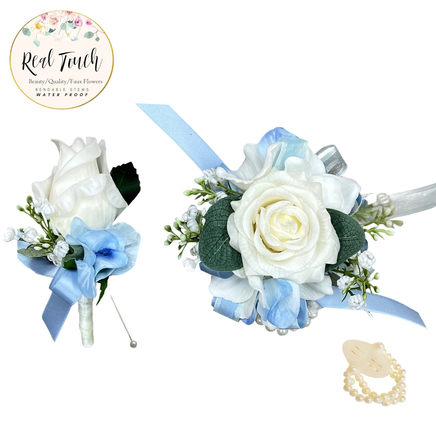 Customizable Real Touch Flower Wrist Corsage & Boutonnière for Prom, Homecoming, and Weddings