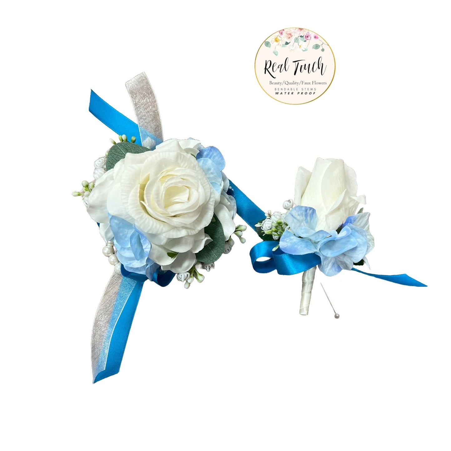 Customizable Real Touch Flower Wrist Corsage & Boutonnière for Prom, Homecoming, and Weddings