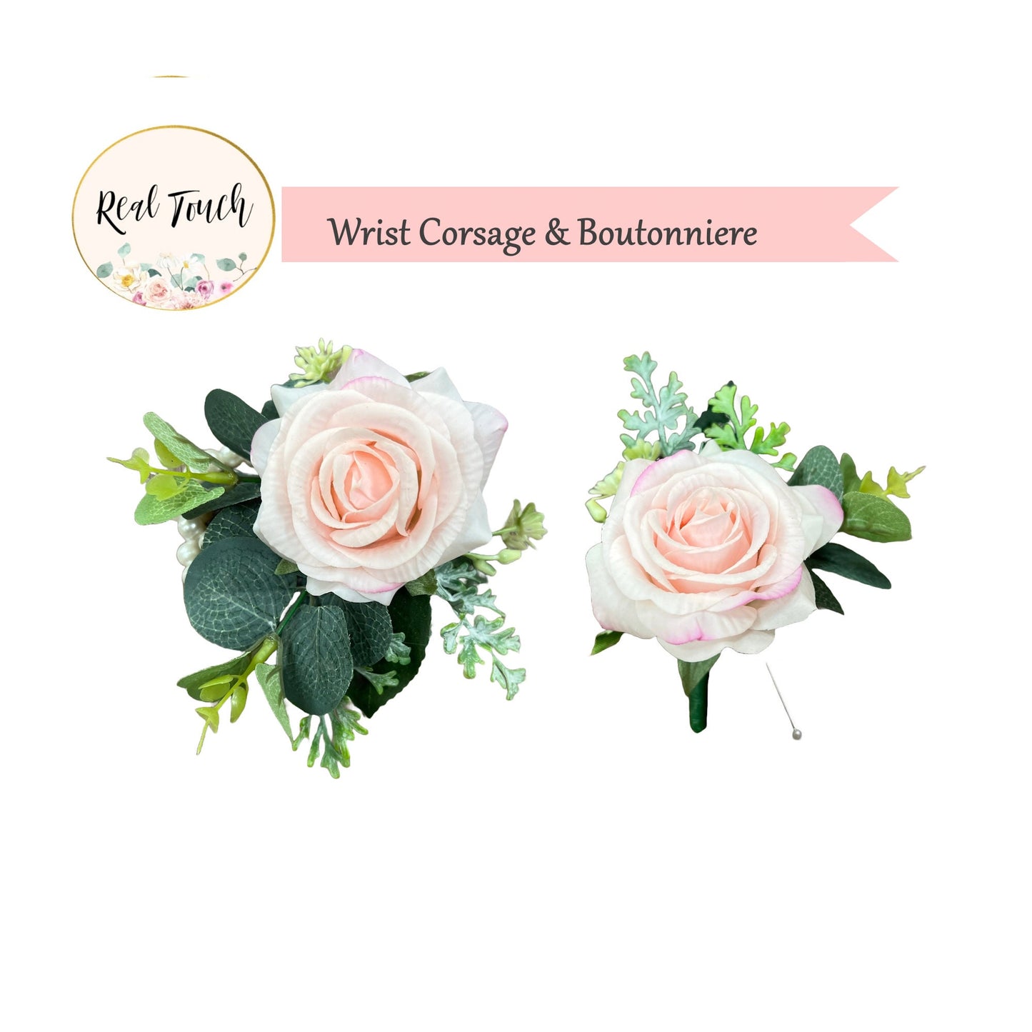 Elegant Pink Rose Corsage & Boutonniere Set with Eucalyptus