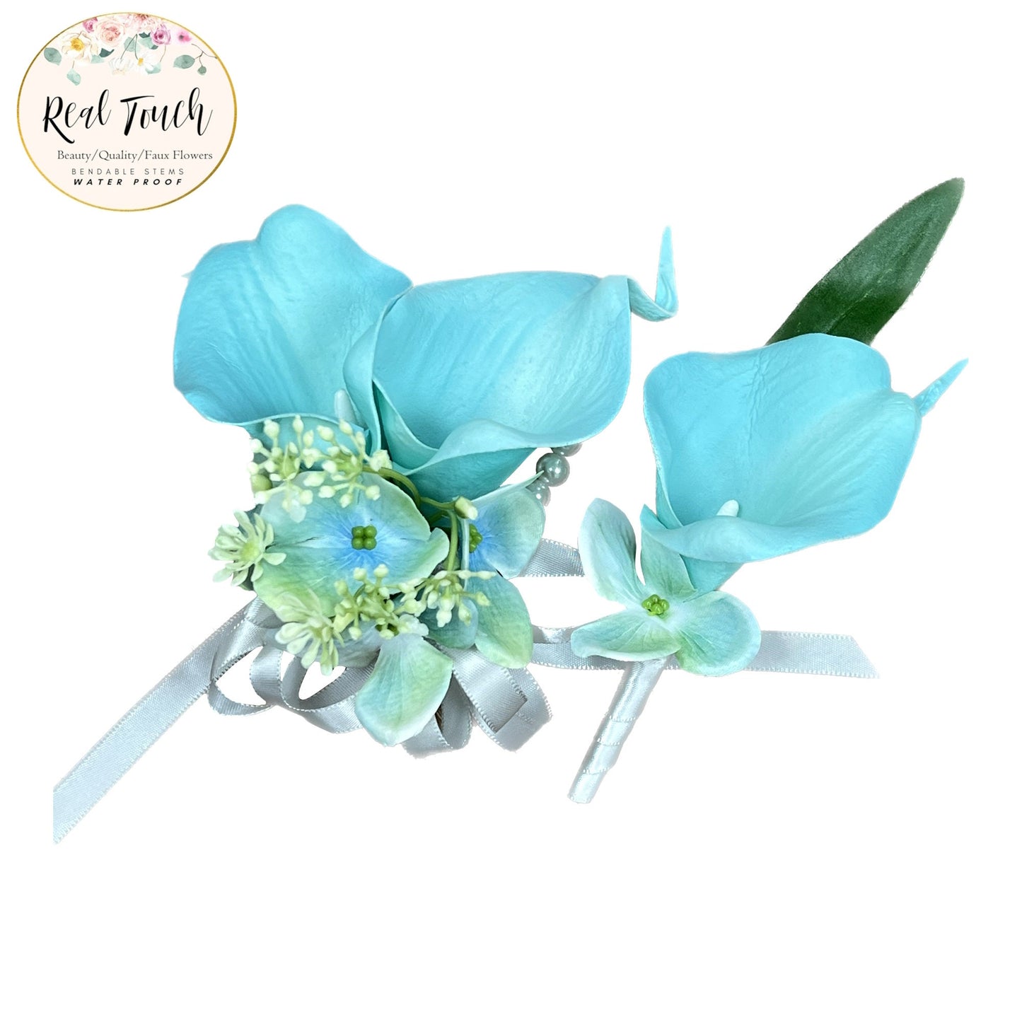 Elegant Spa Blue Floral Set - Calla Lily & Hydrangea Corsage/Boutonniere