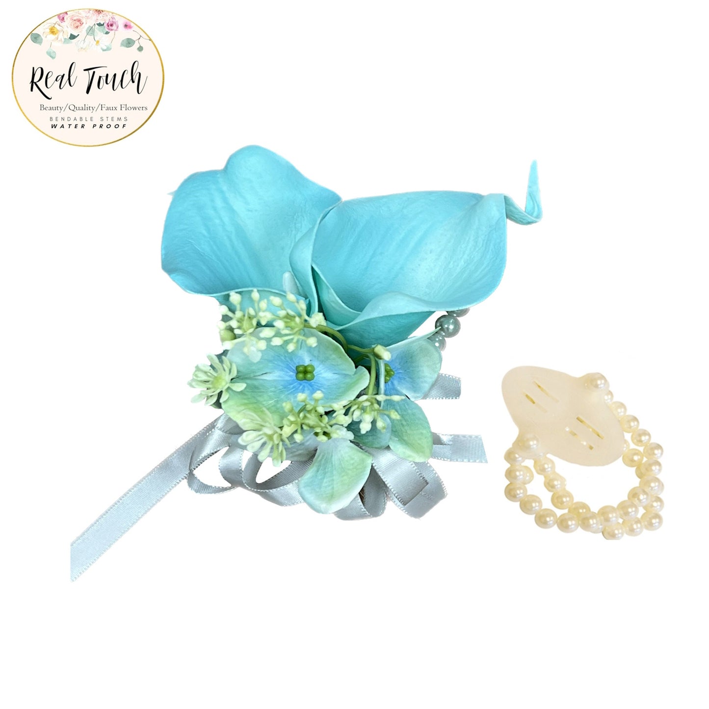 Elegant Spa Blue Floral Set - Calla Lily & Hydrangea Corsage/Boutonniere