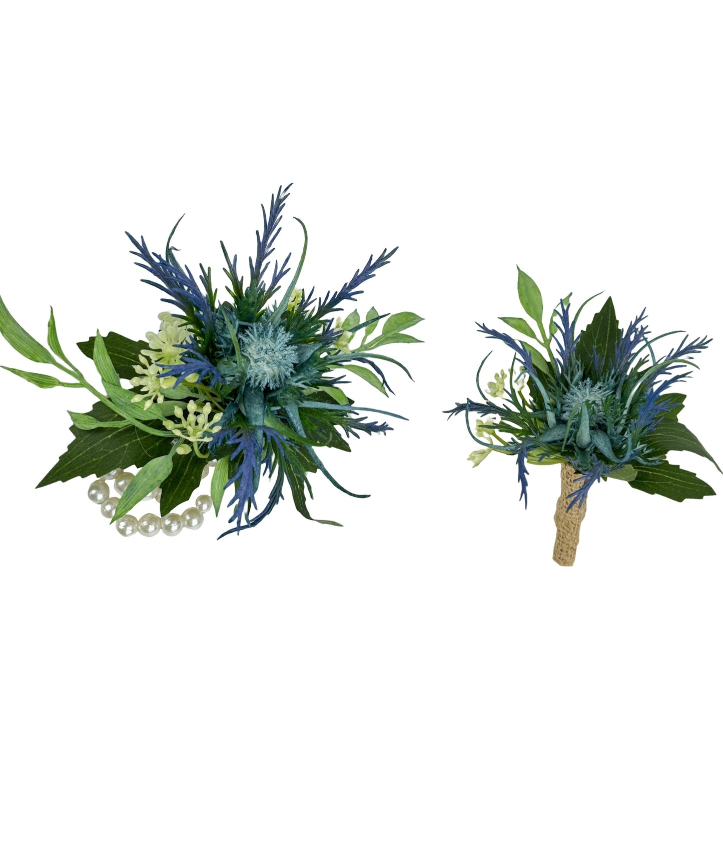 Navy Blue Thistle Artificial Wedding Set - Corsage, Boutonniere & Hair Comb