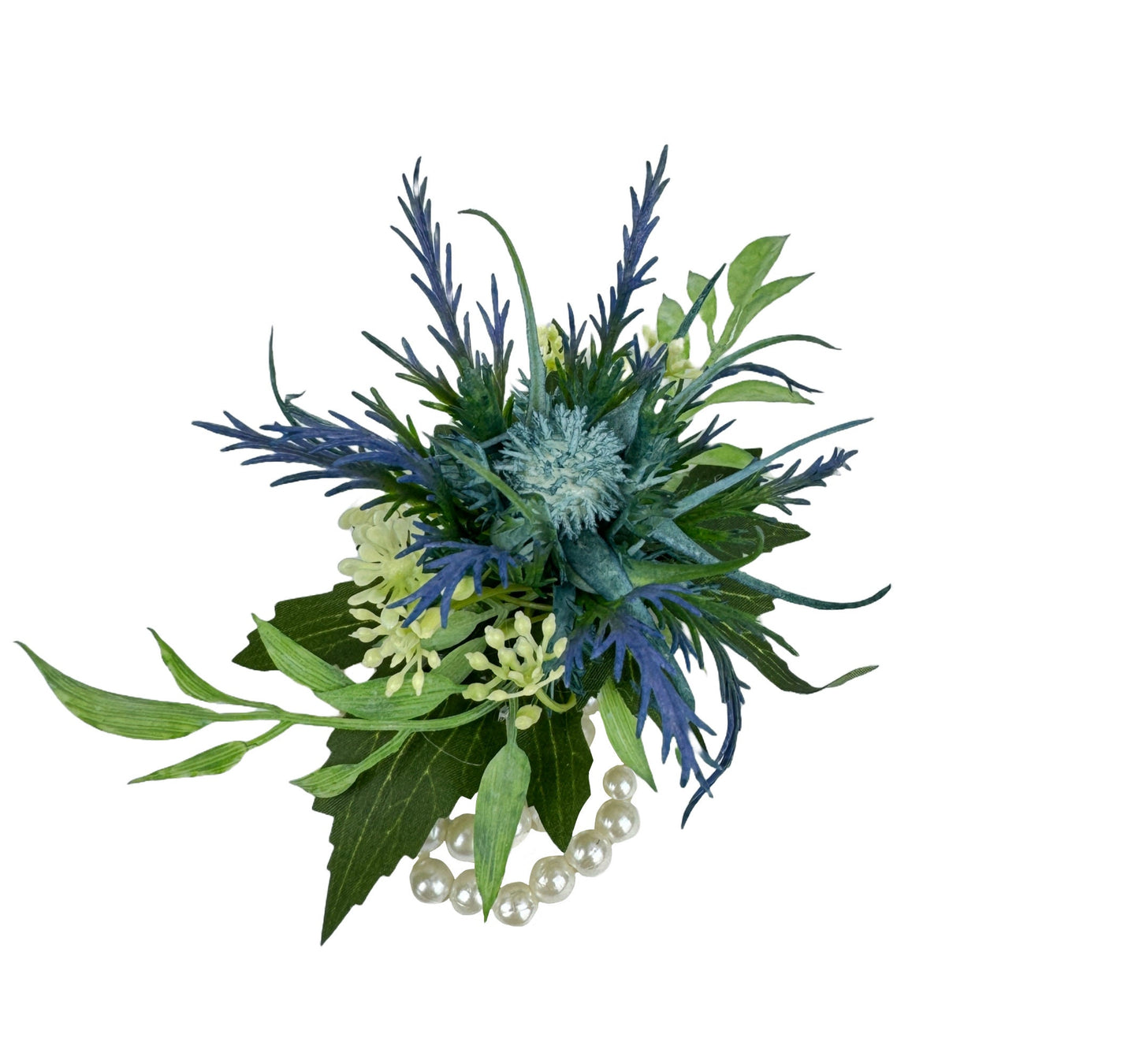 Navy Blue Thistle Artificial Wedding Set - Corsage, Boutonniere & Hair Comb