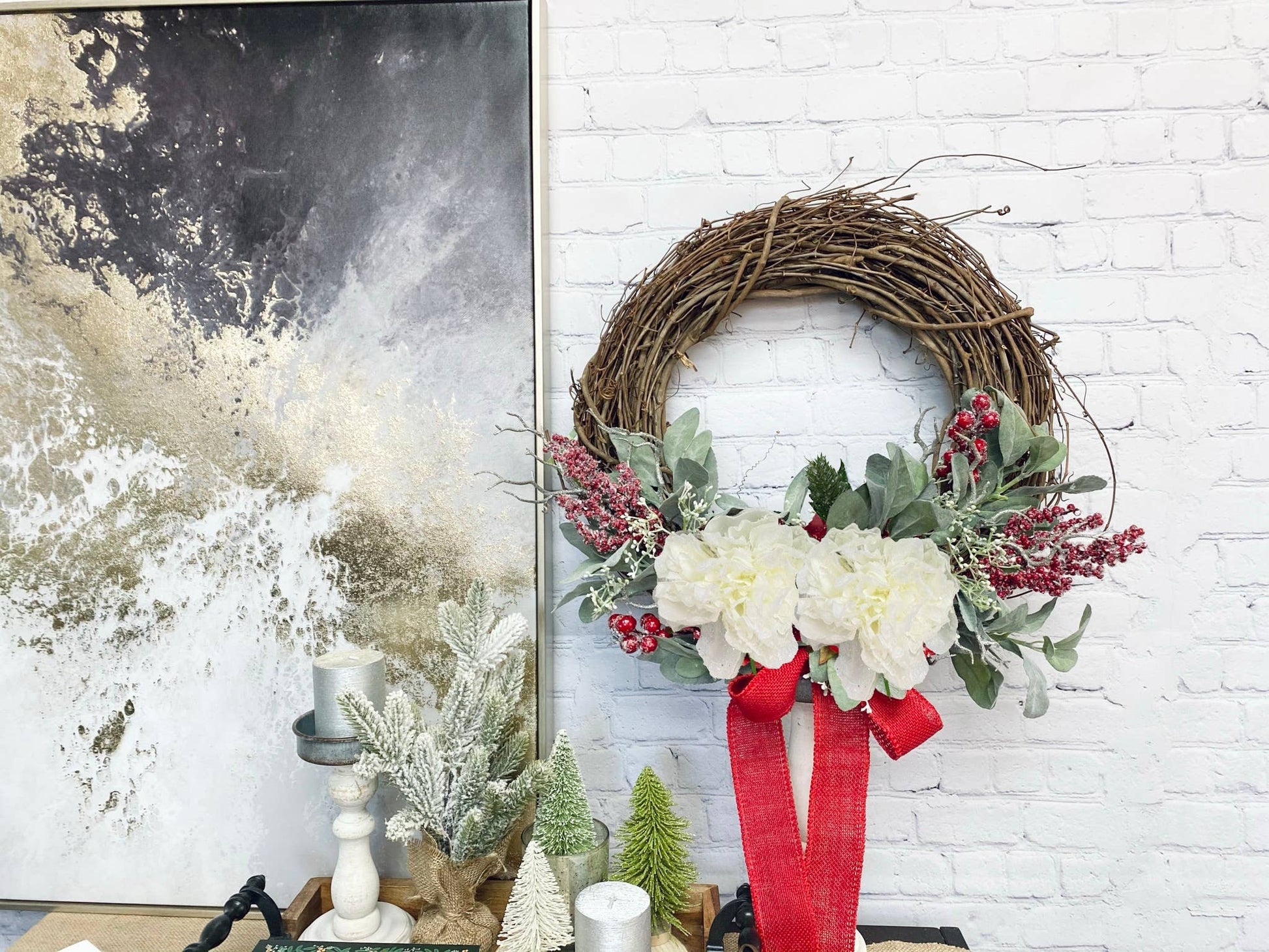 Large Bloom-Snowy Peony Stem – Winter Holiday Decora