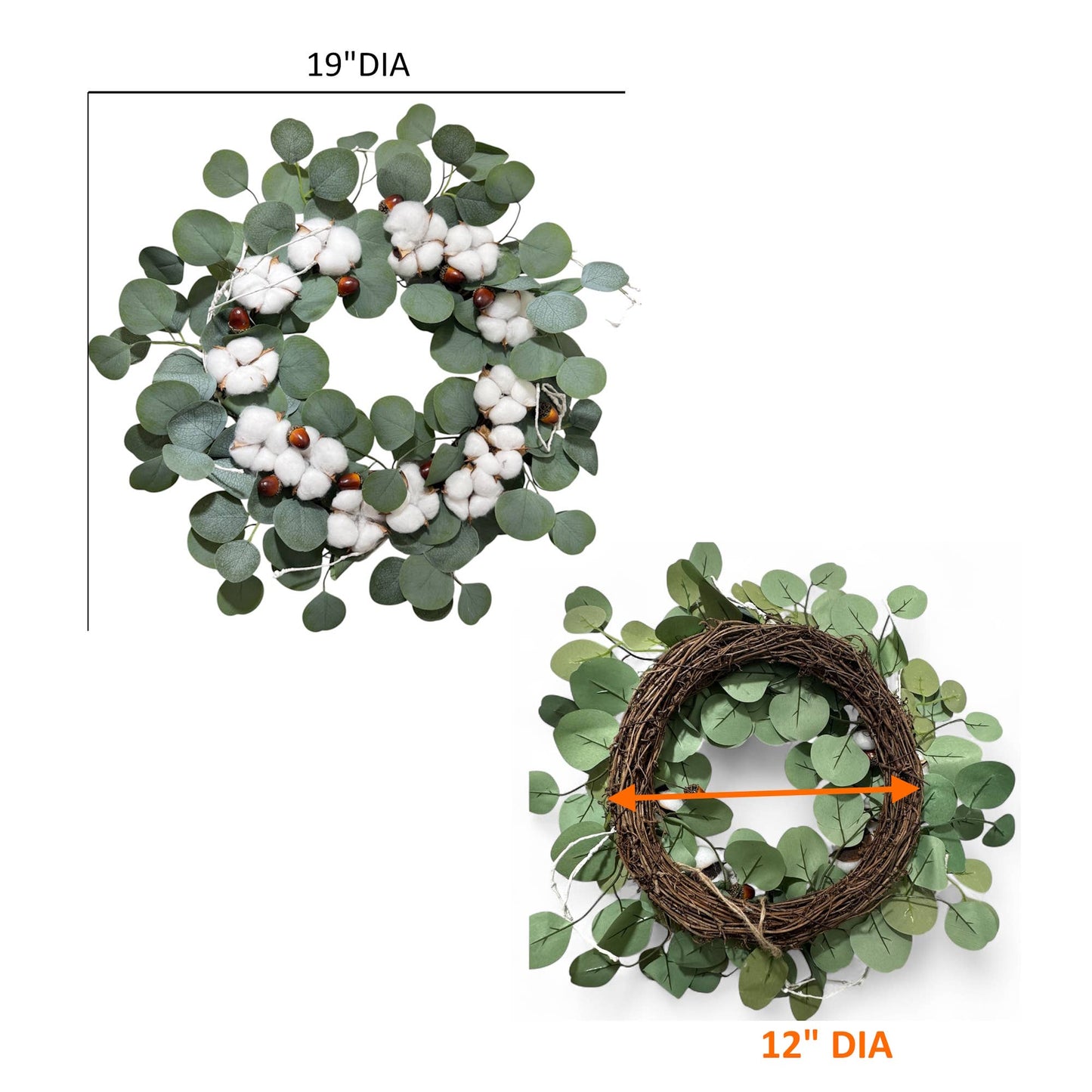 19"Rustic Eucalyptus Cotton Wreath Natural Grapevine 