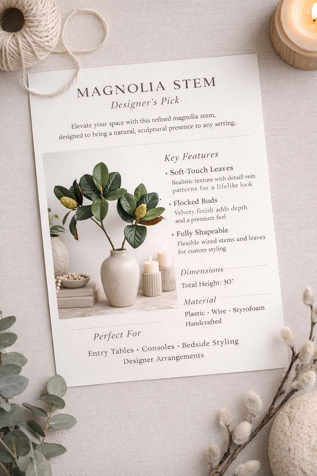 30"-Designer’s Pick | Artificial Magnolia Stem w/ Buds