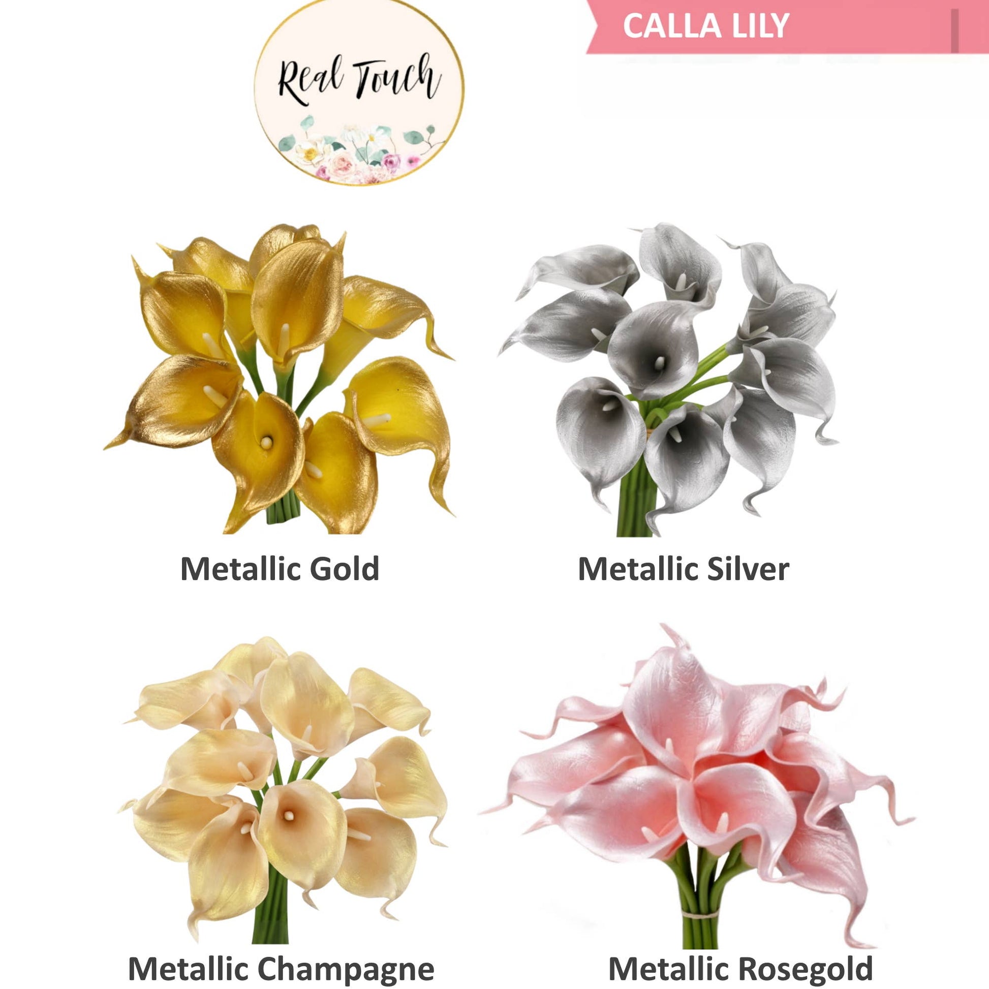 pack of 10-real touch calla lilies metallic gold silver