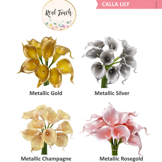 pack of 10-real touch calla lilies metallic gold silver