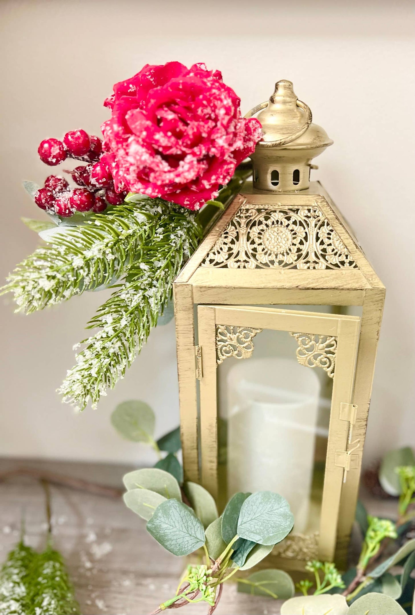 15in Snowy Silk Rose Stem – Winter Holiday Decoration