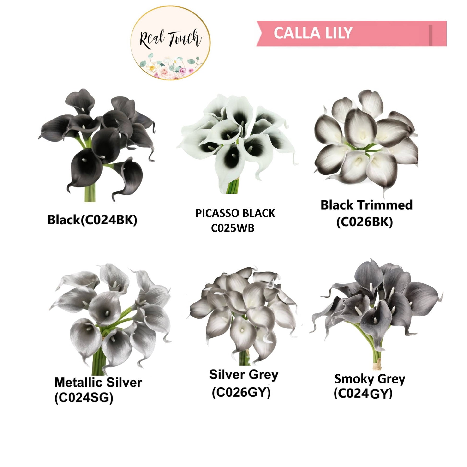 Pack of 10-Real Touch Calla lily-Silver Black color palette
