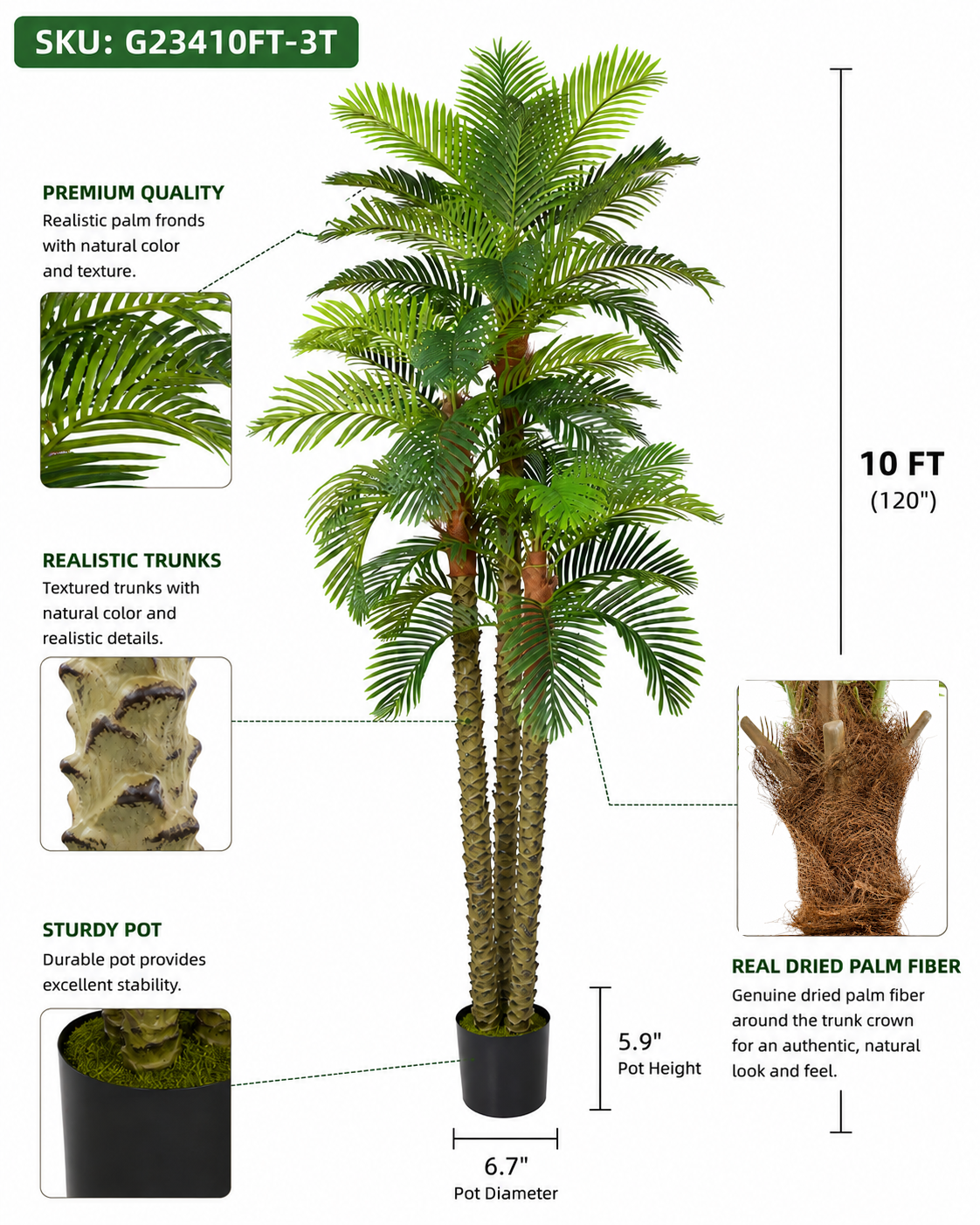 10-12FT-Premium Artificial Coconut Palm Tree, Real Fiber