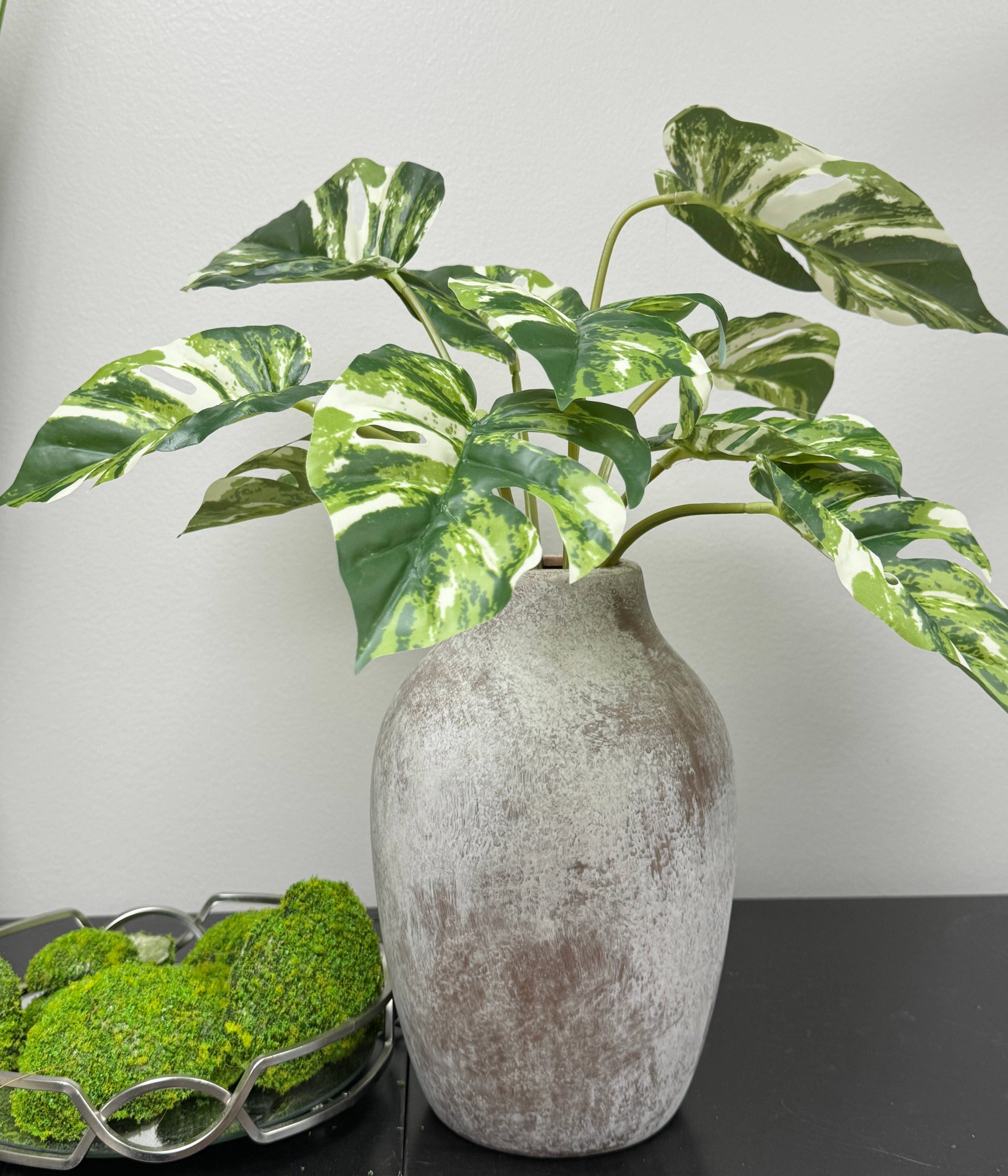 21" Artificial White Green Monstera Leaf spray x 10 Leaves