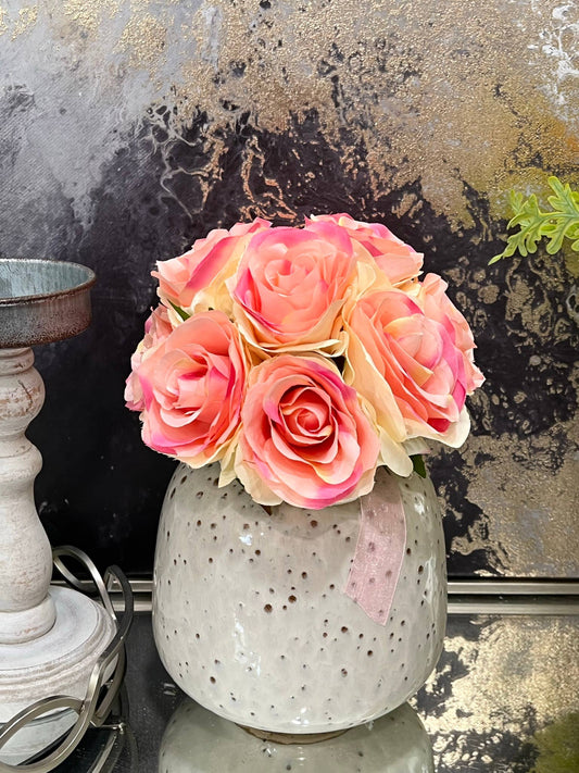 Artificial Ribbon wrapped Silk rose bouquet-shades of cream