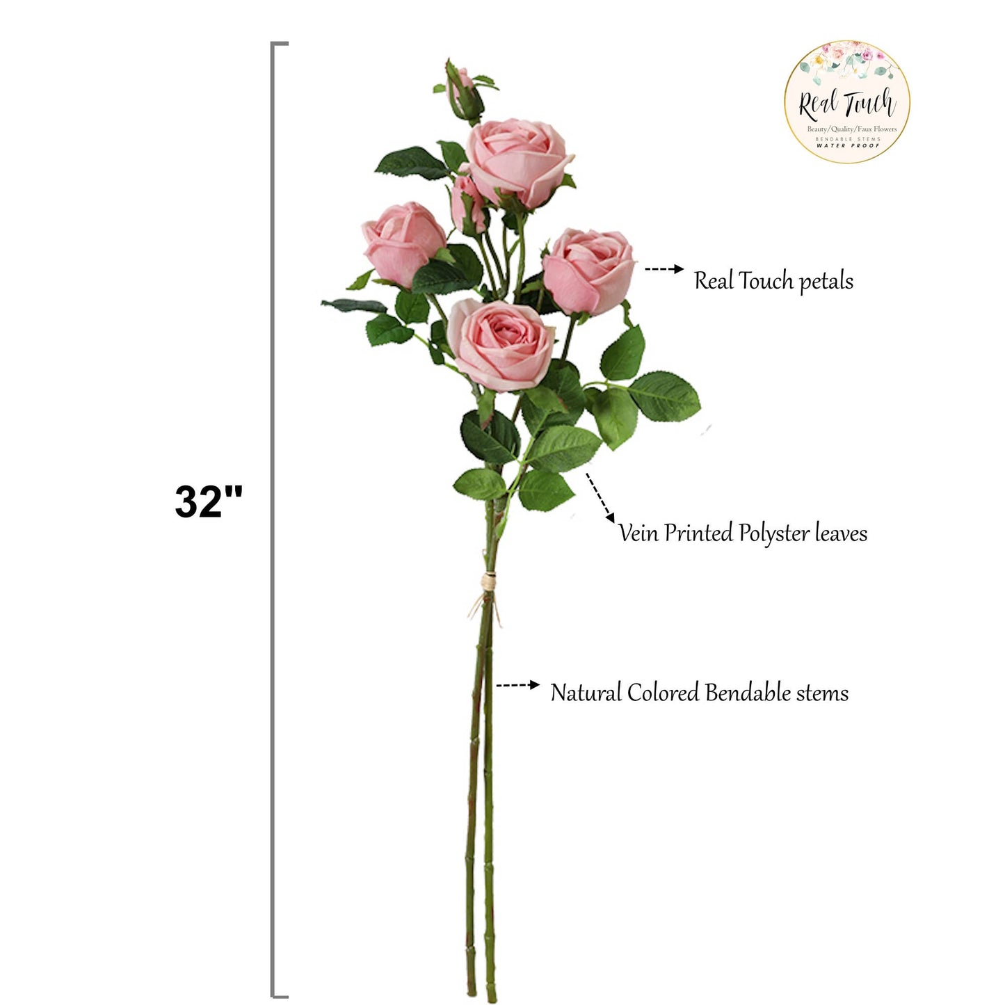32"Quality Real Touch Roses-6 Blooms and buds