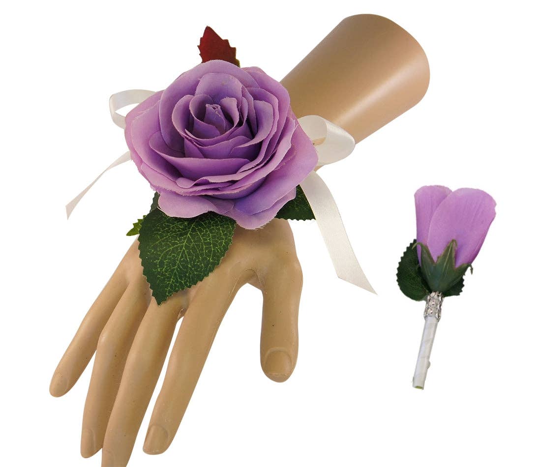 Lilac Artificial Rose Wrist Corsage & Boutonniere Set
