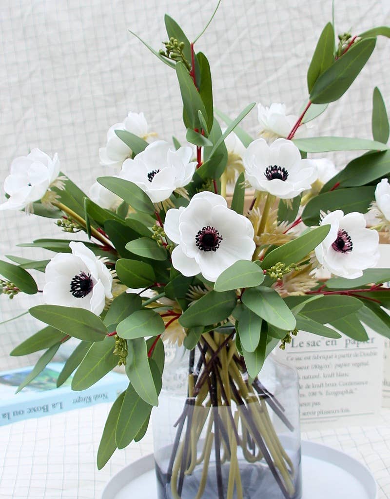 12"Real Touch Anemone-5 stem raffia tied