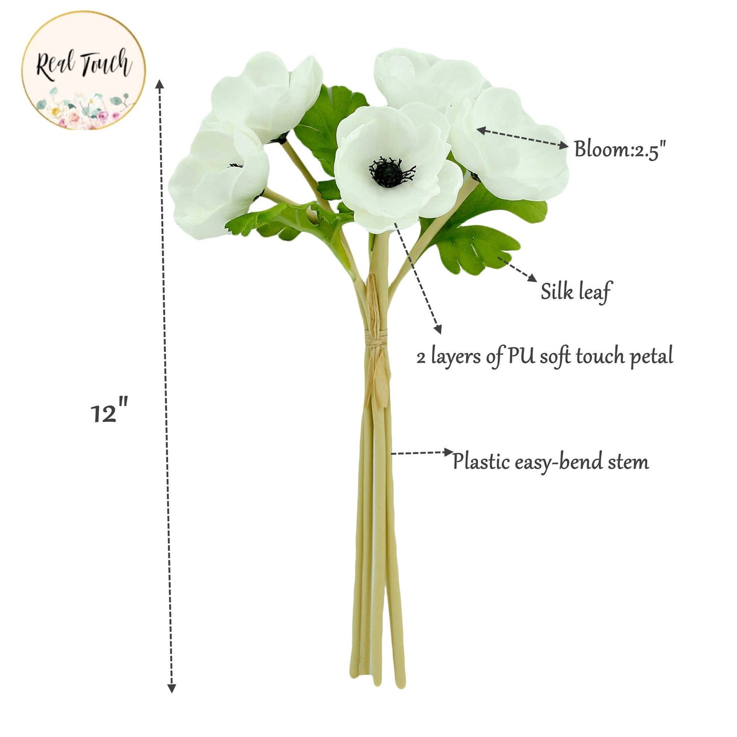 12"Real Touch Anemone-5 stem raffia tied