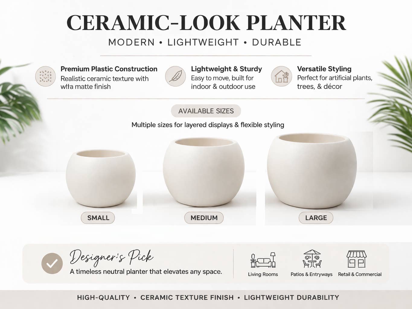 Textured Ceramic-Look Planter (High-Quality Plastic)