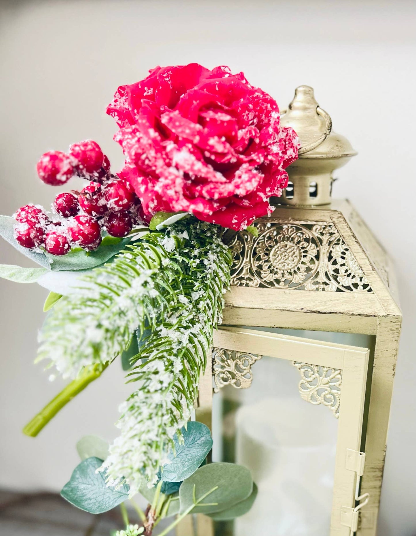 15in Snowy Silk Rose Stem – Winter Holiday Decoration