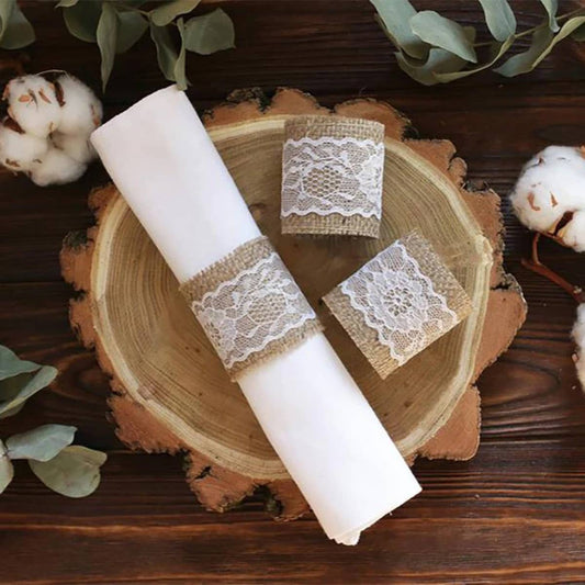 2"Rustic Burlap Napkin ring with Lace-Pack of 6