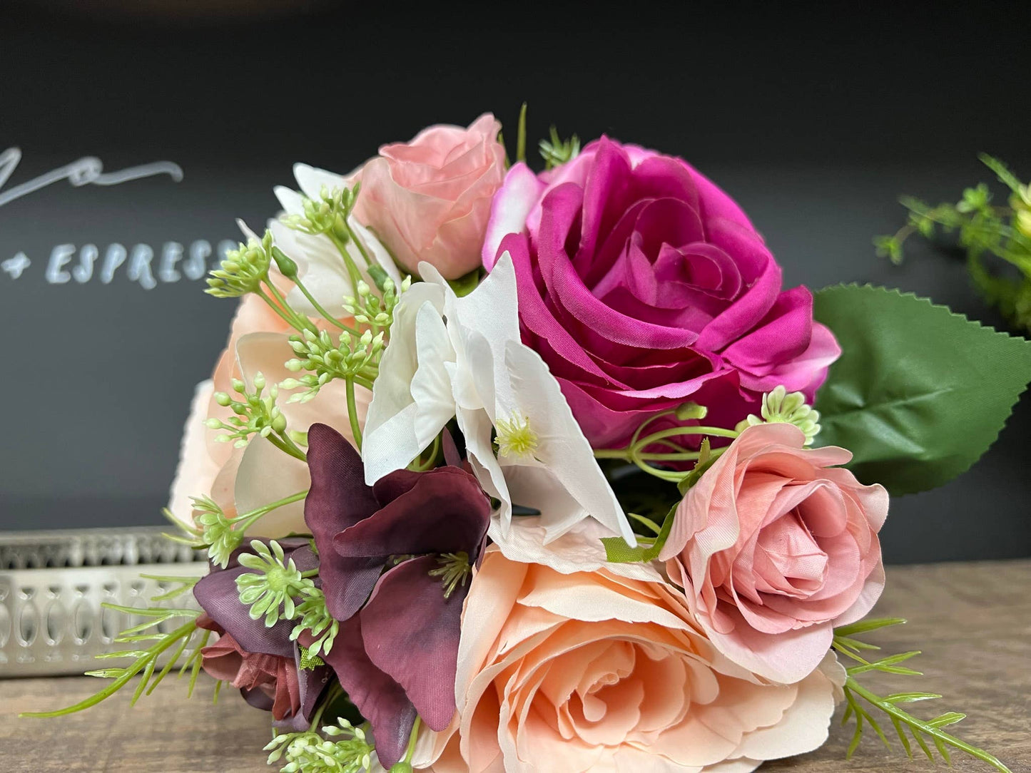 Artificial rose hydrangea greenery bouquet