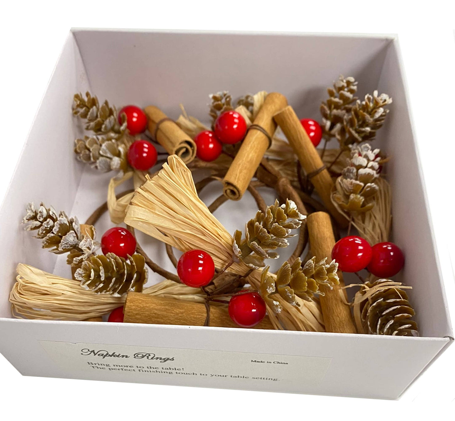 Pack of 6-Boxed Cinnamon Snowy Pine Cone Berry Raffia