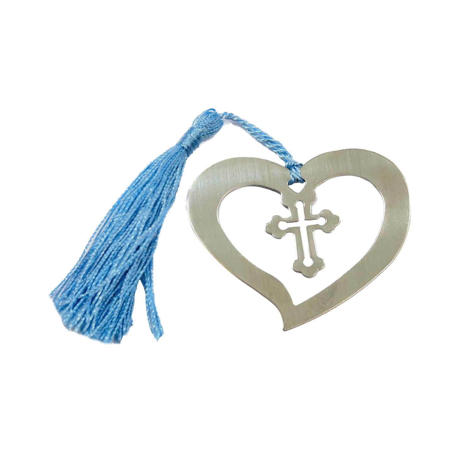 Boxed Bookmark-Silver Heart with Cross blue tassel