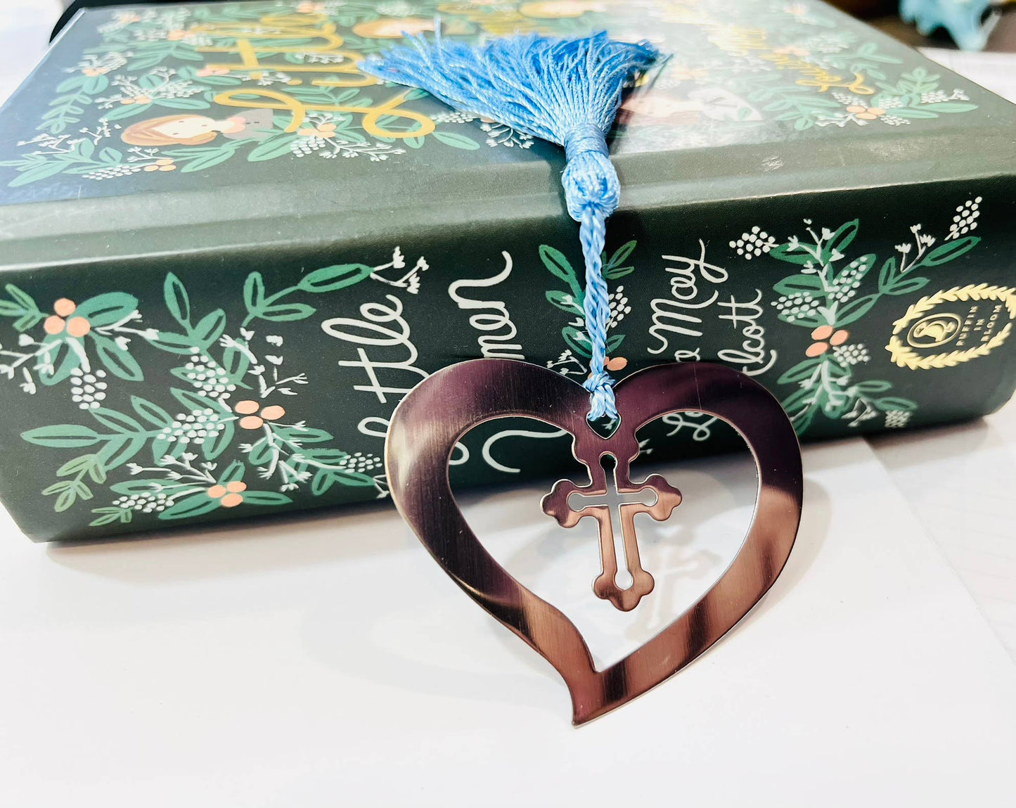 Boxed Bookmark-Silver Heart with Cross blue tassel