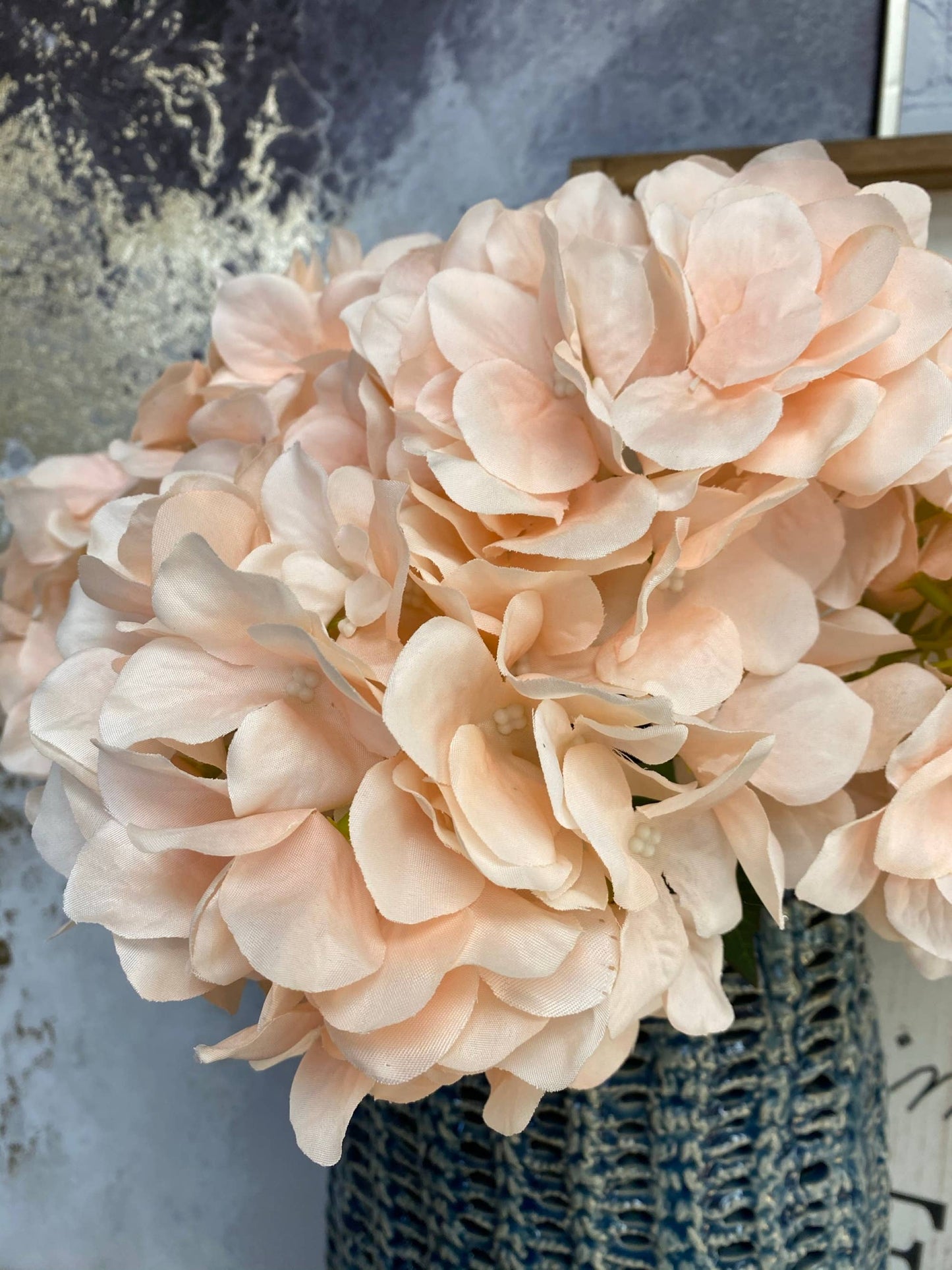 17" Faux silk hydrangea bush peach color 6 blooms