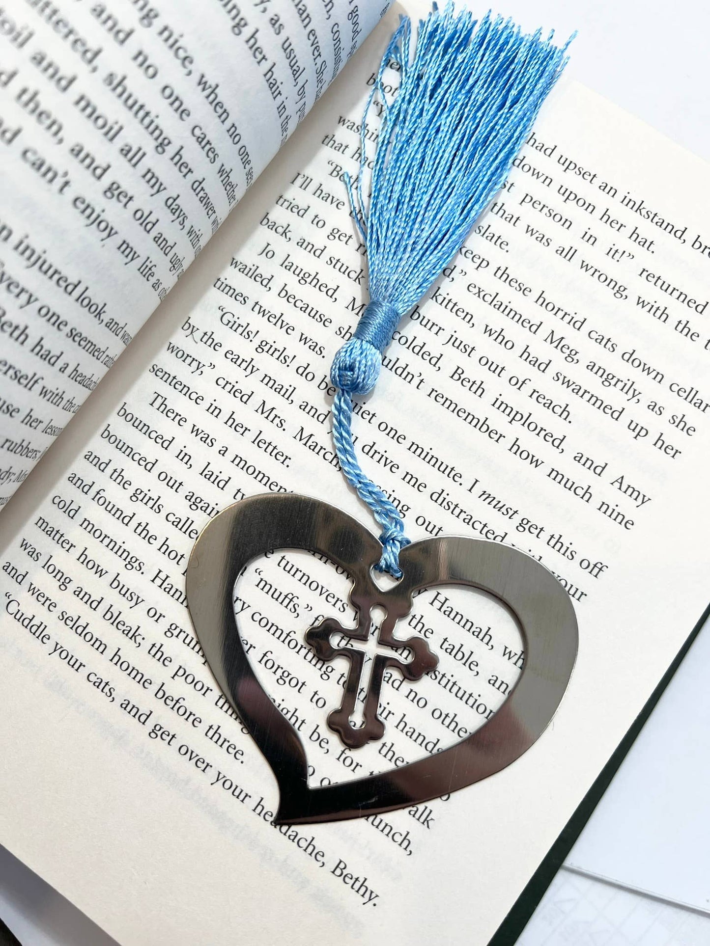 Boxed Bookmark-Silver Heart with Cross blue tassel