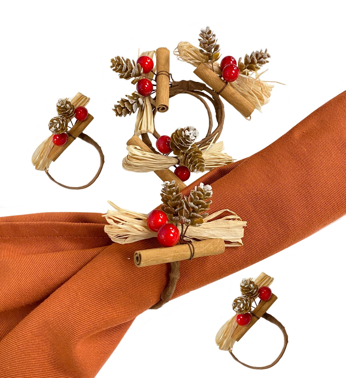 Pack of 6-Boxed Cinnamon Snowy Pine Cone Berry Raffia