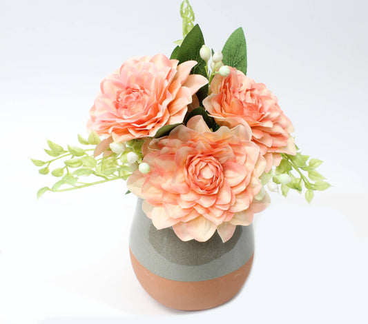 Artificial Silk Dahlia with greenery bundle - 9" tall 4"bloom