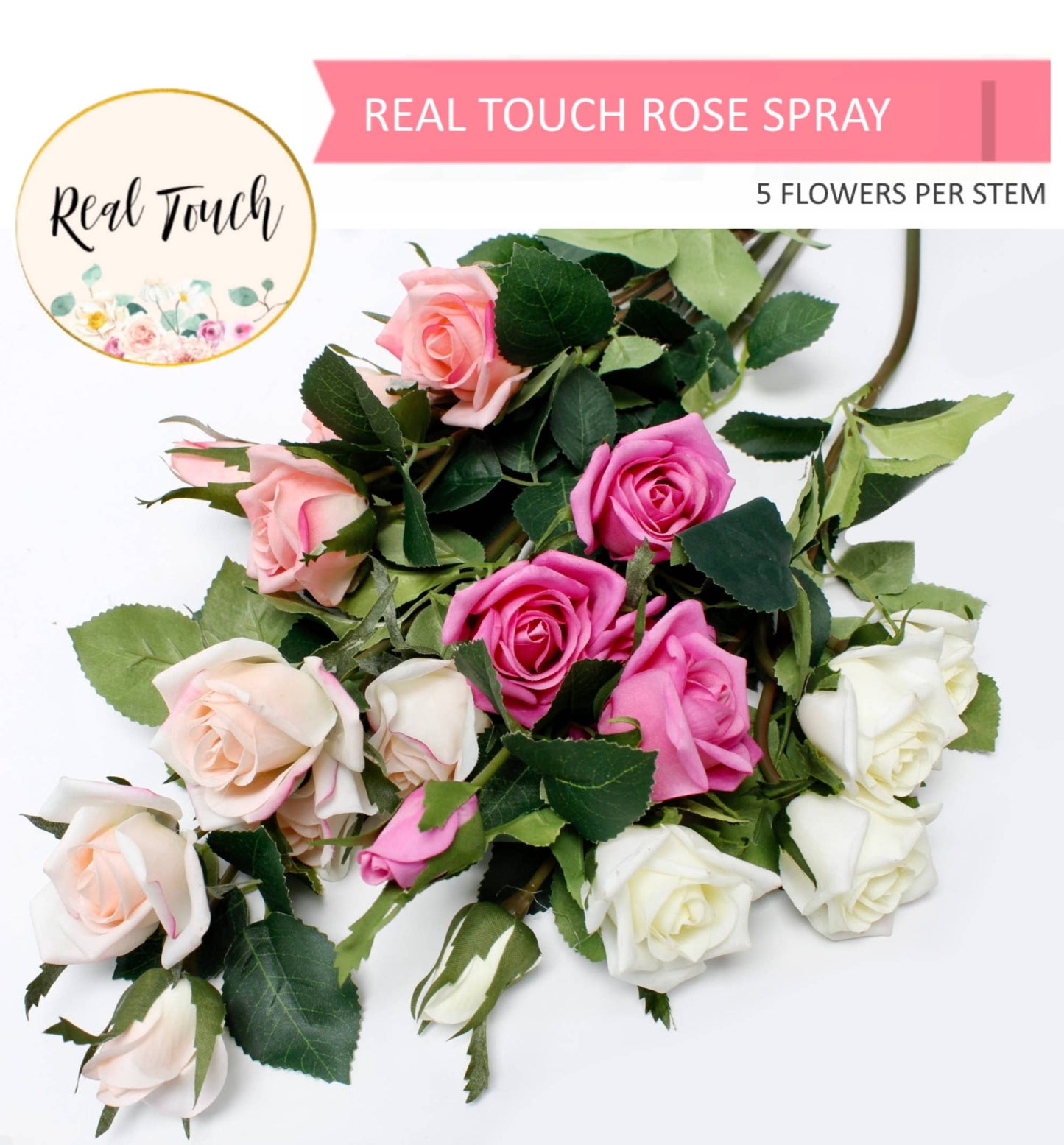 25"-real touch Rose spray x 5 flowers