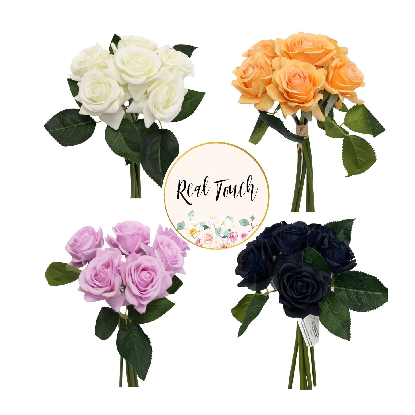 Pack of 6 stems-Real Touch medium open rose bouquet