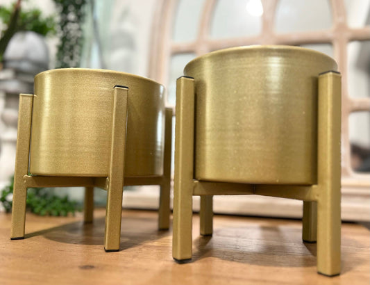 6" Gold Metal Planter with stand tabletop decor