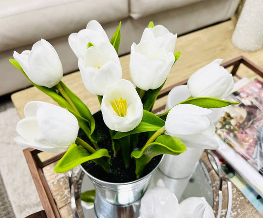 9" real touch tulip centerpiece in silver vase - 9 blooms