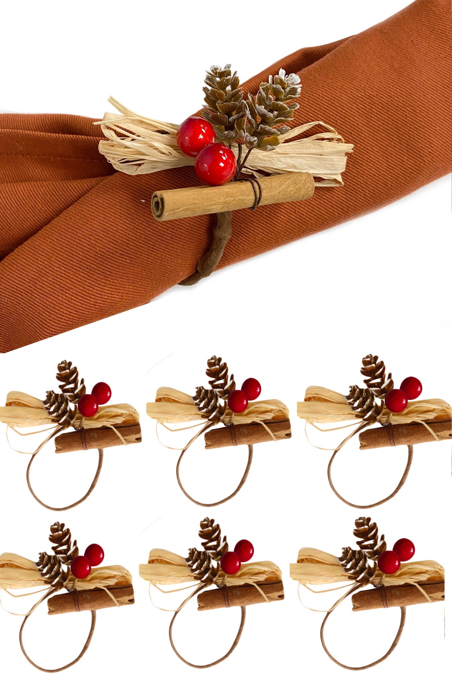 Pack of 6-Boxed Cinnamon Snowy Pine Cone Berry Raffia