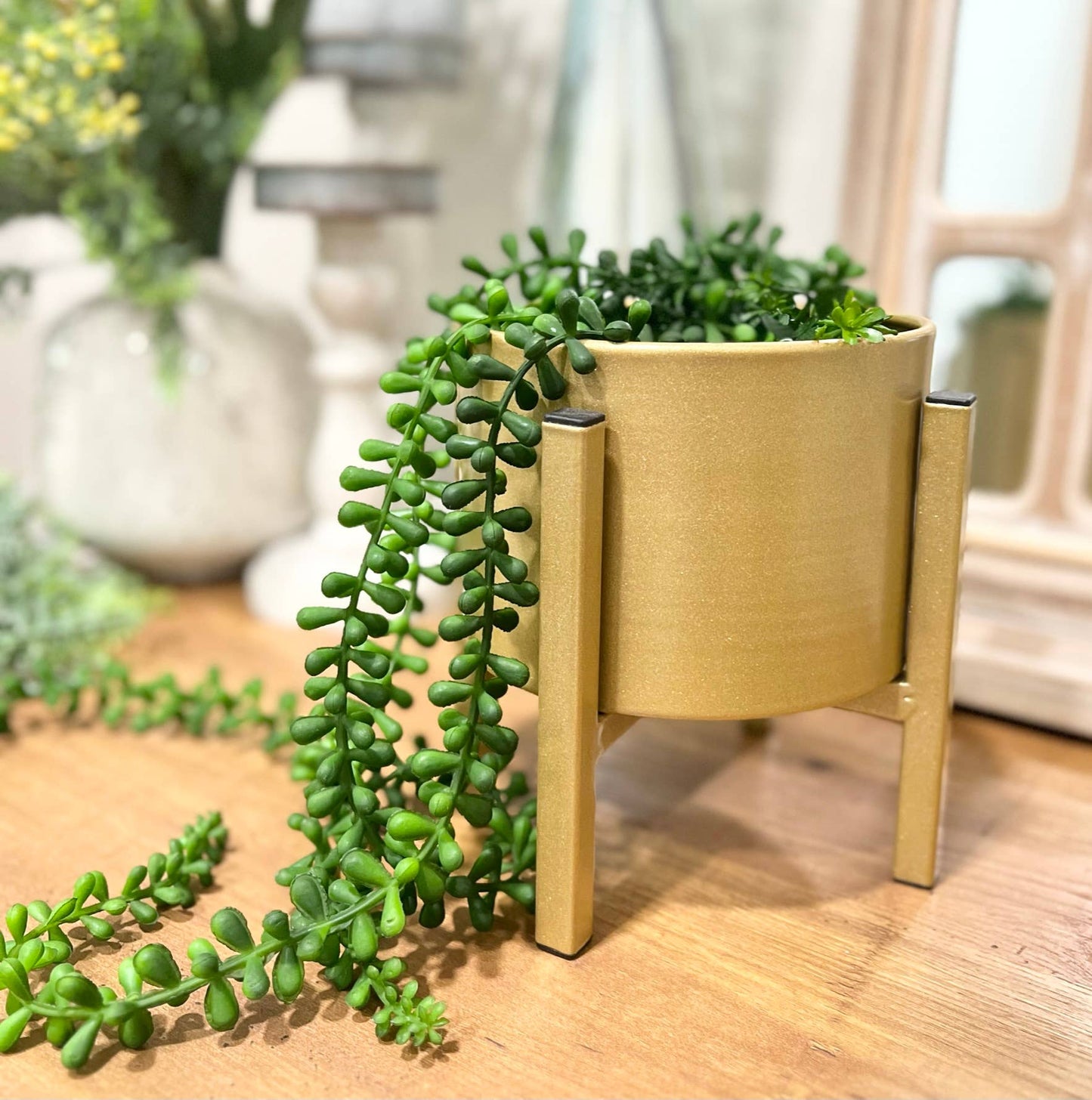 6" Gold Metal Planter with stand tabletop decor
