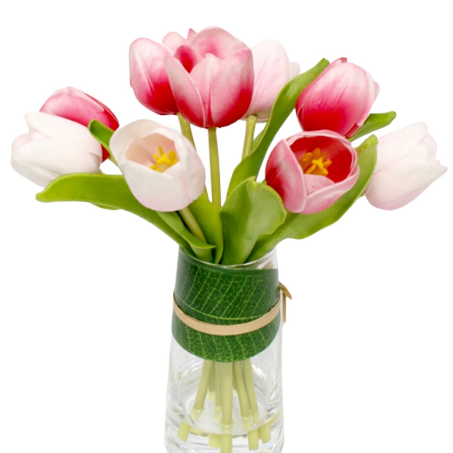 11" Tabletop centerpiece-faux real touch tulip in Glass Vase