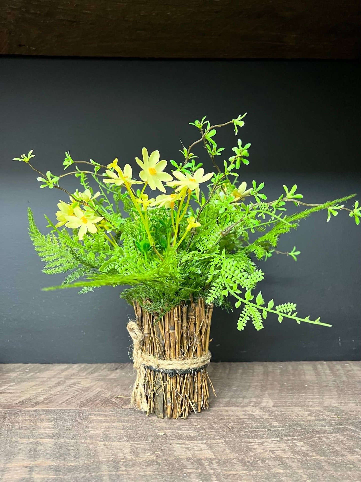 11"Tabletop centerpiece-artificial wild flowers bamboo stand