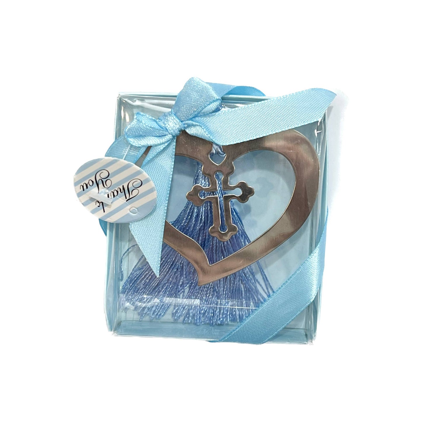 Boxed Bookmark-Silver Heart with Cross blue tassel