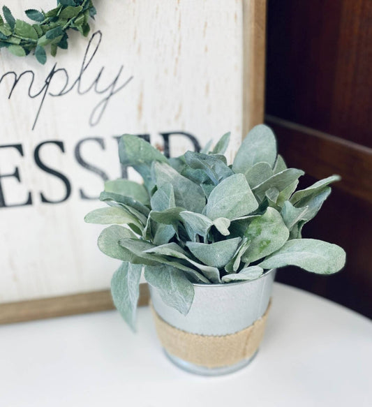 8" Faux Frosted lambs Ear table centerpiece Galvanized Pot