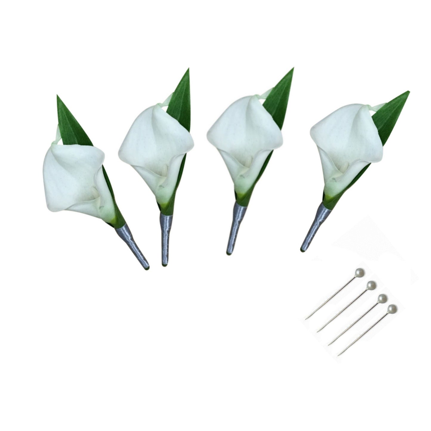 Pack of 4- Real touch calla lily Boutonnieres with greenery and ribbon wrapped stem Pin included Wedding Prom graduation Dance Groom father