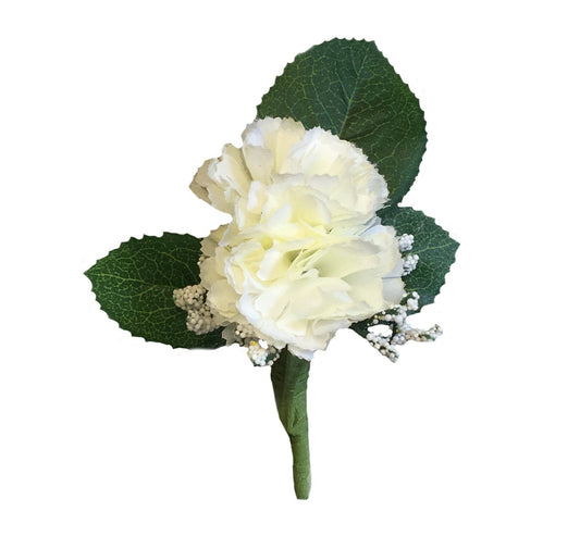 Elegant Artificial Carnation Boutonniere with Baby's Breath - White & Ivory