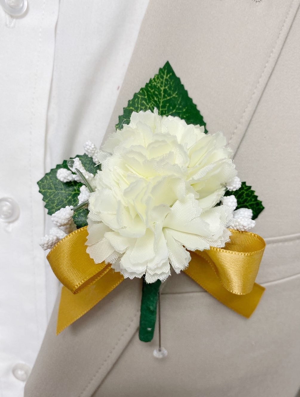 Elegant Artificial Carnation Boutonniere with Baby's Breath - White & Ivory