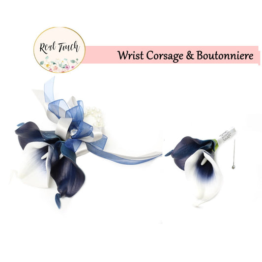 Elegant Navy Calla Lily Corsage & Boutonniere Set for Special Occasions