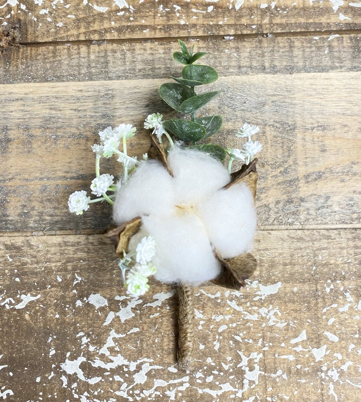 Cotton Blossom Boutonniere with Frosted Baby's Breath and Eucalyptus