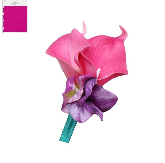 Luxurious Real Touch Calla Lily and Silk Hydrangea Corsage & Boutonniere Set - Hot Pink & Purple