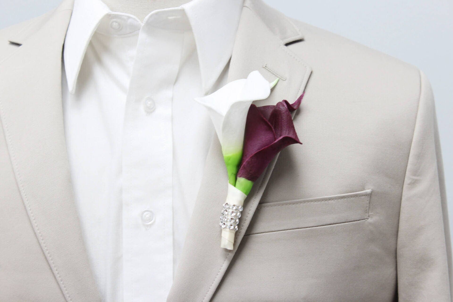 Elegant Wine-Burgundy and White Calla Lily Boutonniere with Rhinestone Accent